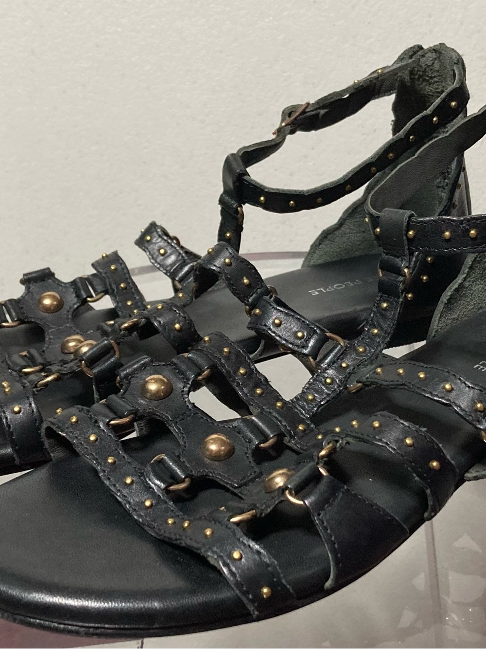 Free People Black Gladiator Sandals with Gold Studs